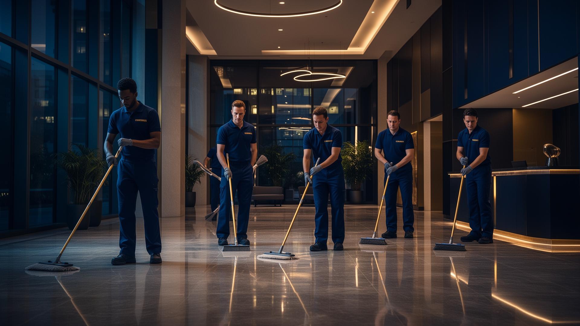 Final Sweep Custodial Services crew servicing a modern office lobby